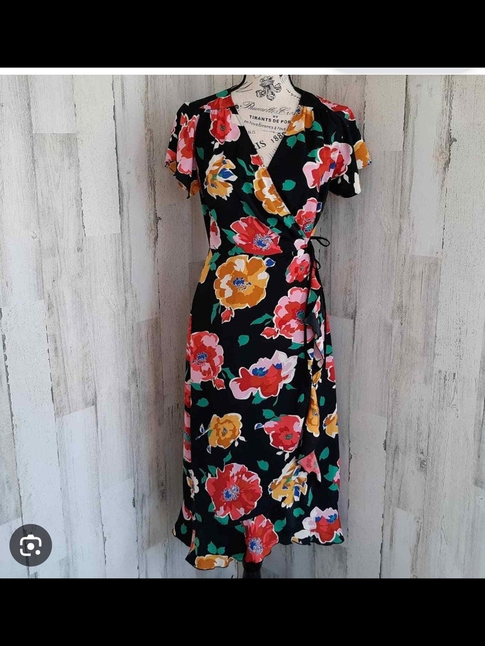 Who What Wear Target Floral Wrap Midi Dress - Black with Pink & Yellow Flowers